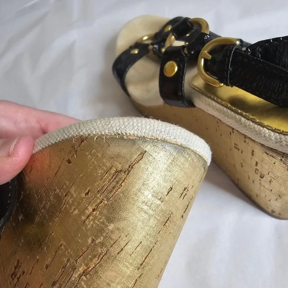 Coach Mercy Black Patent Leather Gold Metallic Cork Wedge Sandals Womens 8.5